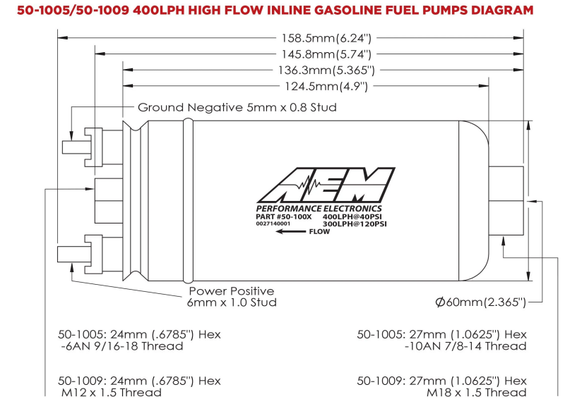 AEM 400LPH High Pressure Fuel Pump -6AN Female Out, -10AN Female In