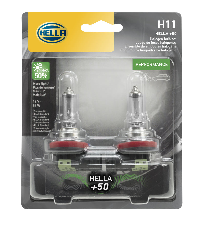 Hella H11 12V 55W PGJ19-2 T4 +50 Performance Halogen Bulb - Pair