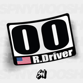 Racing numbers with name and flag