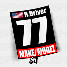 Load image into Gallery viewer, make and model racing number cards